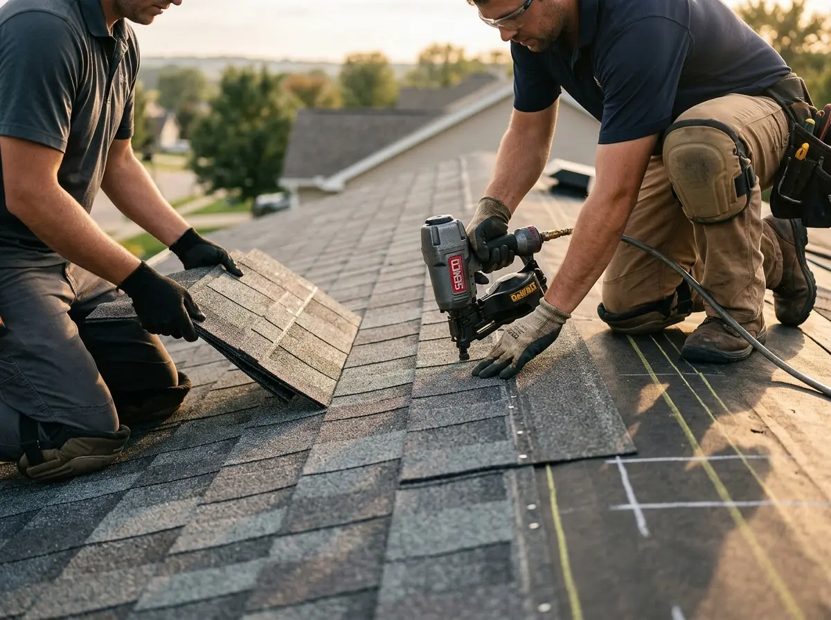 Professional roofer working on a residential roof in Wixom